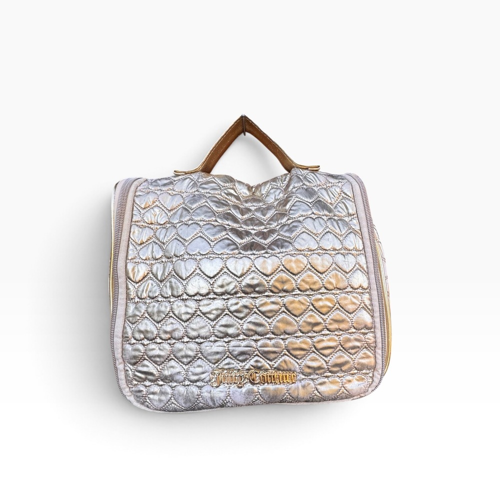 Juicy Couture Metallic Gold Quilted Heart Hanging Toiletry Bag Travel Case